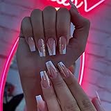French Tip Press on Nails Medium Length Pink White Gradient Fake Nails Glitter Gold Foil False Nails