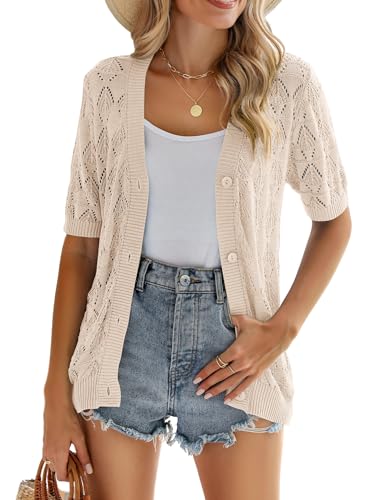 Image of Zeagoo Women's Short Sleeve 2026 Summer Crochet Cropped Cardigan V Neck Button up Bolero Shrug Sweater