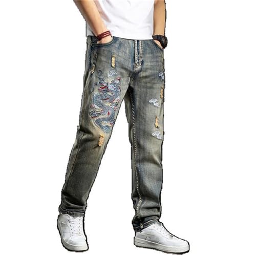 Dragon Embroidered Jeans Men Streetwear Denim Pants Ripped Plus Size Trousers Male Bottoms