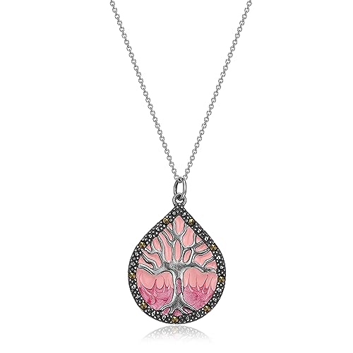 Sterling Silver Genuine Marcasite and Colored Epoxy Tree of Life Teardrop Pendant Necklace, 18"