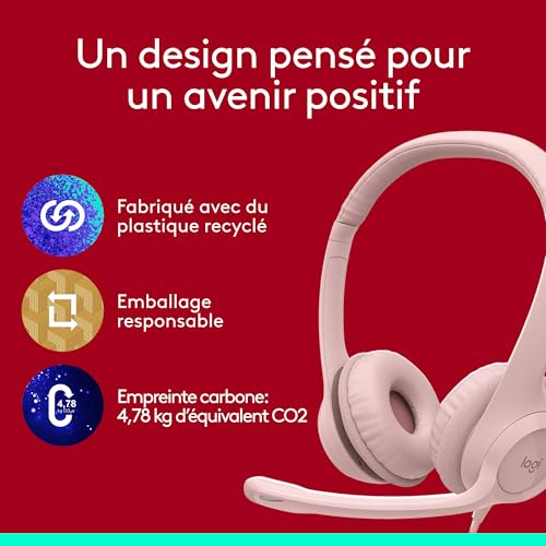 Logitech H390 Casque Filaire pour PC/Ordinateur Portable, Casque Stéréo avec Microphone Antibruit, USB-A, Commandes En Ligne, Compatible avec Chromebook - Rose