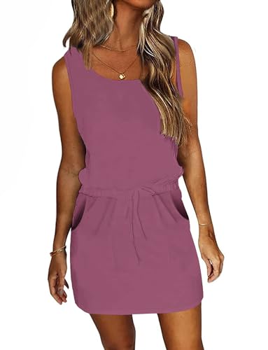 Image of AUSELILY Womens Summer Dress Casual Sleeveless Drawstring Short Dresses | Adjustable drawstring waist for a custom fit, plus 2 side pockets-perfect beach-to-street sundress