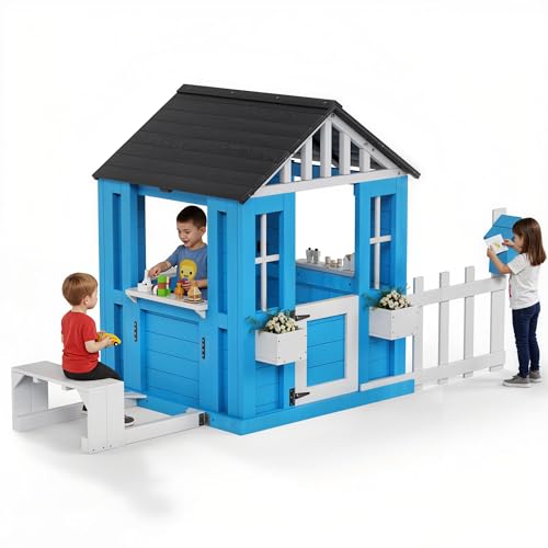 Dithoko Wooden Outdoor Playhouse for Kids with Bench, Mailbox, Fence & Flower Boxes, Backyard Cottage Play House with Half Door & Windows for Garden, Lawn, Patio