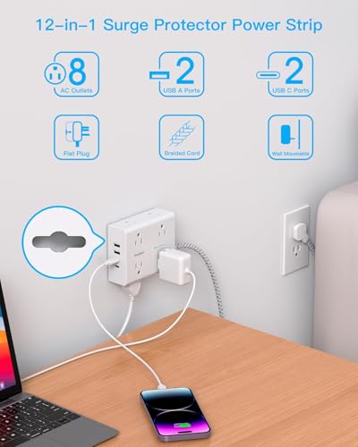 Surge Protector Power Bar 15 Ft Cord, Ultra Thin Flat Extension Cord with 8 Outlets 4 USB Ports(2 USB C), Flat Plug Power Bar, 15 Ft Long Braided Power Cord for Home, Office, Dorm  image 8