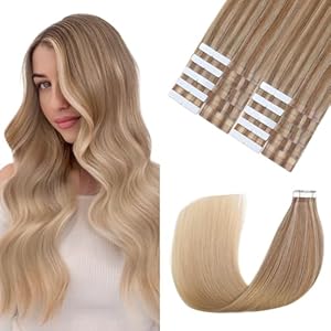 Sindra Tape in Hair Extensions Golden Brown to Light Blonde #10/16/16 Remy Human Hair 16 Inch 50g Seamless PU Skin Weft Tape in Extensions #10/16/16 16inch