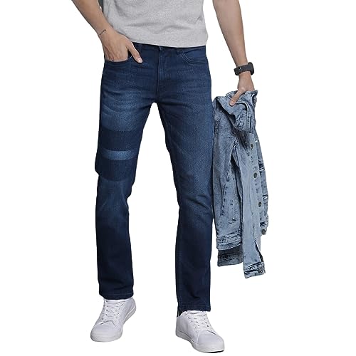 The Indian Garage Co Men Slim Straight Fit Solid Mid-Rise Stretchable Jeans Midnight Blue