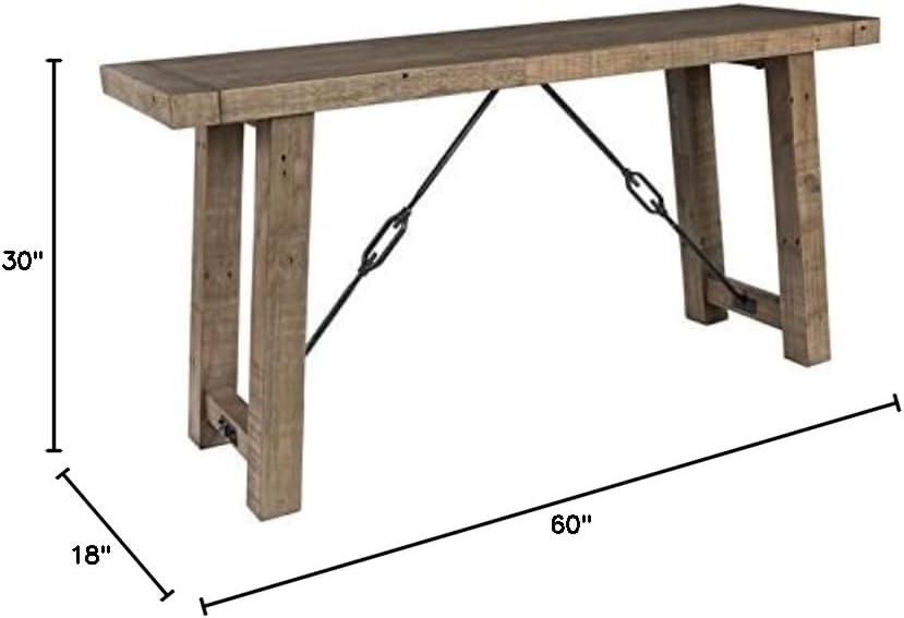 BOWERY HILL 60" W Transitional Reclaimed Pine Wood Console Table with Metal Turnbuckle Accents, Rugged Surface Texture, in Weathered Gray Finish