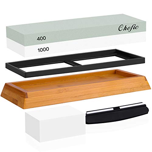 Chefic Whetstone 2-IN-1 Premium Sharpening Stone 400/1000 Grit Waterstones Kit - Chefic Knife Sharpener Stone Safe Honing Holder Silicone Base Included, Polishing Tool for Kitchen/Pocket Knives/Blade