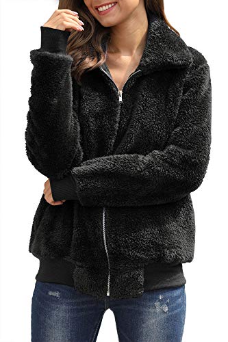 For G and PL Womens Zip Fuzzy Fleece Sherpa Long Sleeve Winter Pocket Jacket Coat Black XL