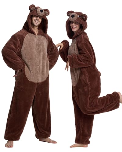 ANMIBOBU Unisex Adult Onesie Pajamas Animal Cosplay Halloween Costume One Piece Plush Sleepwear Homewear,Brown Bear-S