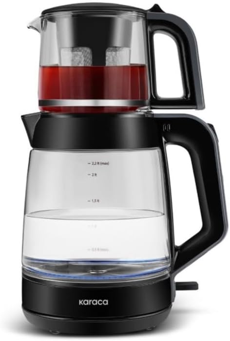 Karaca Glass Turkish Tea Maker Machine, 2 in 1 Turkish Tea Pot Set, XL Teapot & Water Kettle Electric, 1900W, Shiny Black