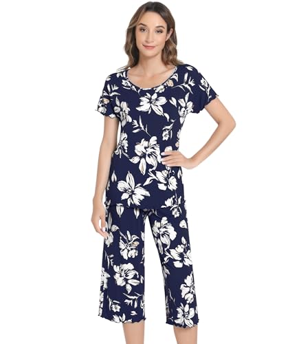 Image of NACHILA Women's Bamboo Viscose Pajama Sets Summer Cooling Short Sleeve Capri Soft Pjs Night Sweats Moisture Wicking Sleepwear