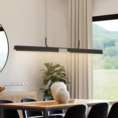 Jyforid Modern Black Linear LED Pendant Light with Remote Control, 45" 16W 3-Color Temp Stepless Dimmable Island Pendant Lights, Hanging Adjustable Minimalist Pendant for Dining Room Kitchen Bar