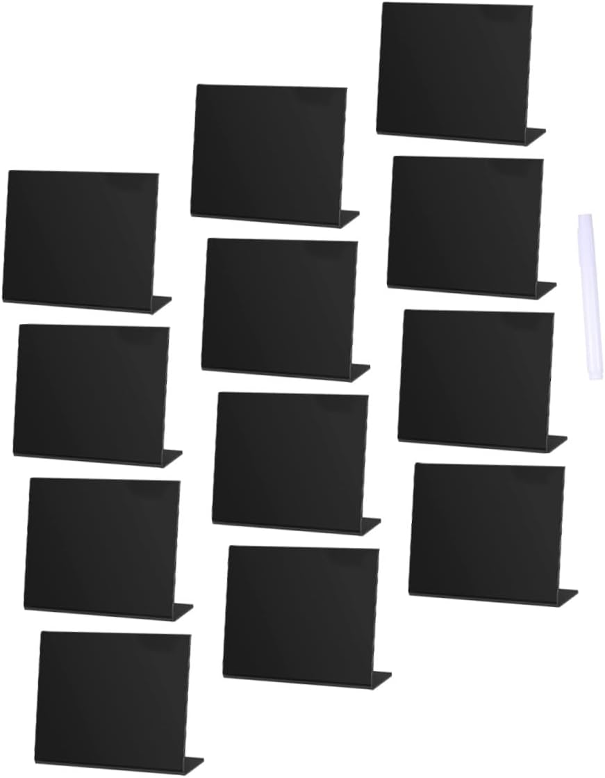 jojofuny Acrylic Small Blackboard Message Board with Marker, Black Desktop Chalkboard for Wedding Party Decor, 12pcs Tabletop Memo Sign for Home and Event Display