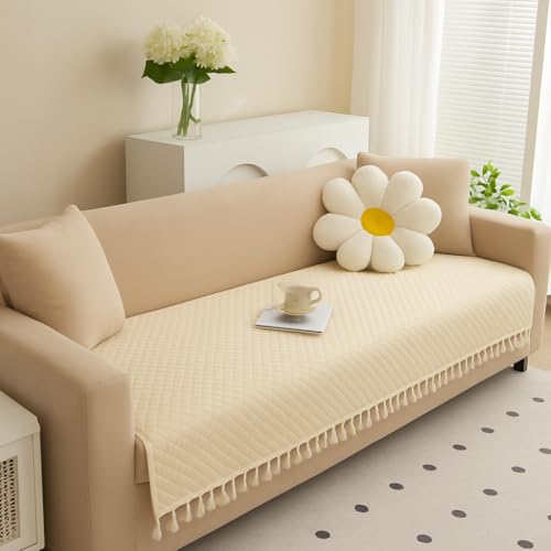 Image of Roseate Quilted Velvet Sofa Cover (3 Seater / 70 inchx27 inch) Sofa Protector for Living Room /Bedroom interiors (Beige) with Tassels