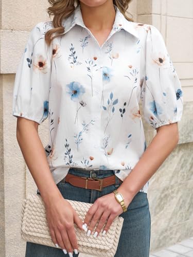 Image of Tankaneo Women's Button Down Shirts Short Puff Sleeve Collared Dressy Casual Blouse Tops