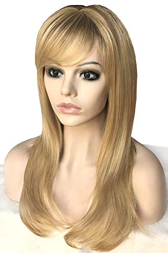 Auflaund Long Straight Blonde Wigs Imported Synthetic Ombre Dark Root Layered High Dentistry Glazed Hair Replacement Wigs For Women With Inclined Bangs 22 Inches (T/Blonde) #TOP3