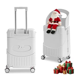 TABU 20″ Ride-on Luggage with Seat For Kids & Adults，Carry On Hardshell Ride On Suitcase with 360° Lockable Spinner and TSA Lock, White
