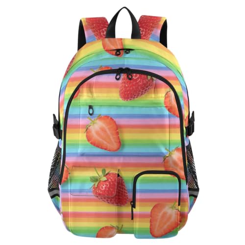 Mochila de viaje con fondo de arcoíris y fresa ergonómica de 17.5 pulgadas