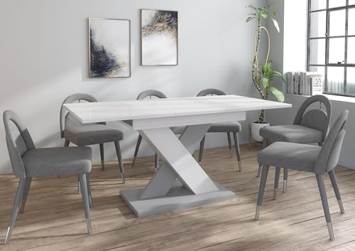 Furneo Enzo 01 – Modern Extendable Dining Table, 120–160 cm, High Gloss White and Matt Grey Finish