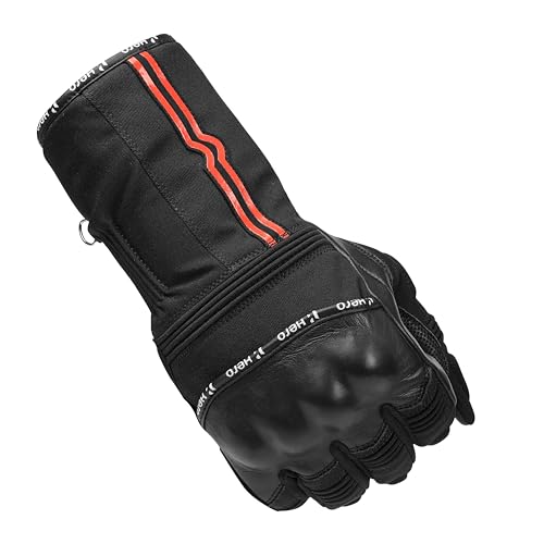 Image of Hero MotoCorp Long Leather and Polyester Full Riding Gloves - Knuckle & Palm Slider Protection, Touch Screen Sensitive, with Extended Cuff (Size L)