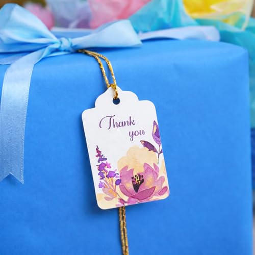 Image of CVANU Floral Thank You Gift Tags (Set of 100), Elegant Flower Design (D15) Hanging Tags with Gold String for Wedding Return Gifts & Small Business Packaging (2.85 x 1.7 Inch)