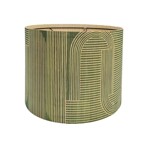 Image of Rustic Bamboo Drum lamp Shade for table lamps and floor lamps with Decorative Geometric Green Figure, ideal for living room bedroom, easy assemble, size 11.8Inch*9Inch