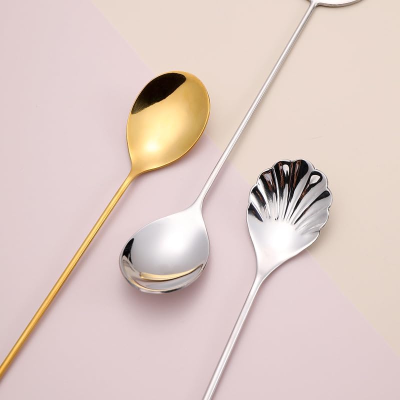 Silverware Flatware Set, 1/4/6/8/10pcs Creative Fruit Spoon 304 Stainless Steel Spoon Seahorse Shell Stirring Coffee Spoon(Gold,10Pcs)