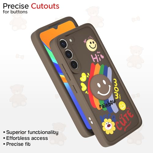 Image of Pikkme Back Cover for Samsung Galaxy S23 5G | Soft Silicone| Cute Rainbow Smile & 3D Cartoon Flower Design | Shockproof Raised Camera Protection Bumper Case (Brown)