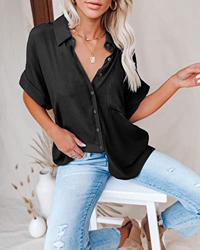 Pausus Womens Black Button Down Shirt Loose-Fit Short Sleeve V Neck Collar Office Casual Shirt Blouse With Pocket (Black,L) #TOP2