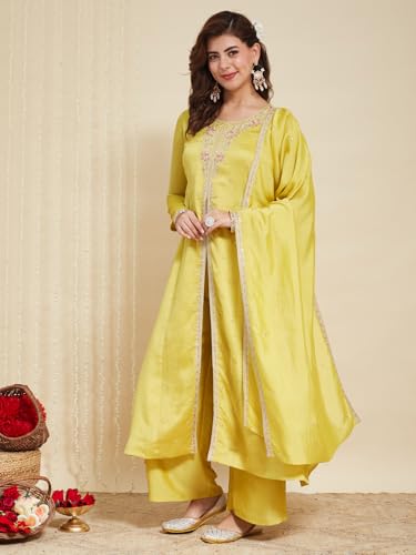 Image of MOKOSH Women's Silk Embroidery Anarkali Kurta Pant with Dupatta | Anarkali Kurta Set | Round Neck Full Sleeve Ethnic Suit | Indian Kurta Outfit with Pant | 3 Piece Outfit