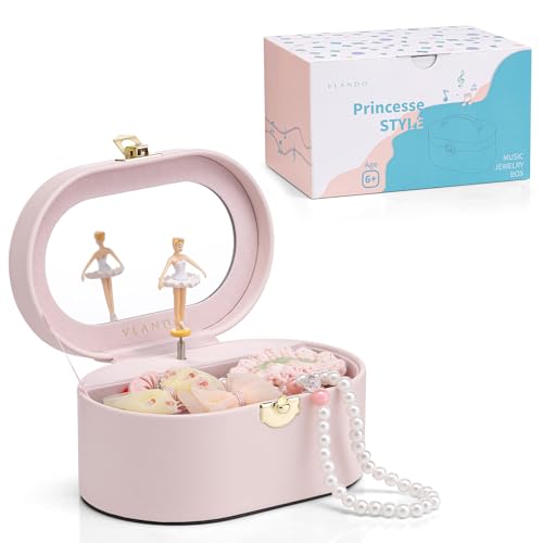 VLANDO Ellipse Schmuckkästchen für Mädchen mit Spieluhr, Trabares Schmuckkasten mit Ballerina & Spiegel, Spielzeug Geschenk 4 5 Jahre Mädchen, Schmuckschatulle mädchen