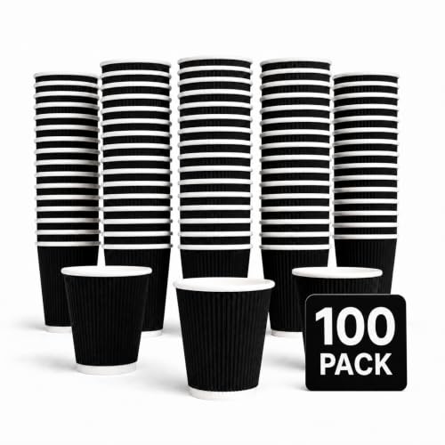 Image of Biotakeware 100 Pack 12 oz Black Ripple Wall Paper Cups, Disposable Hot Coffee Cups with Corrugated Grip, Paper Cups for Coffee, Tea, Cocoa, Office, Cafe, Party and Everyday Use