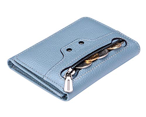 AINIMOER Small Leather Wallet for Women, Slim Compact Credit Card Holder RFID Blocking Wallets Organizer with Coin Pocket, Lichee Gray Blue
