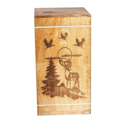 Image of Handcrafted Floral Engraved Wooden Urns for Human Ashes Adult Large - Cremation Urn for Ashes - Burial Urn for Columbarium - Funeral Urn Box (Buck Deer 3, 250 LB - Hardwood)