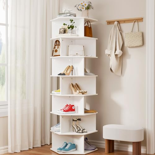 Zapatero giratorio 360°, zapatero de 7 capas y vitrina de bolsillo con diseño hexagonal moderno, armario multiusos que ahorra espacio para armarios y entradas, almacenamiento en elegante color blanco