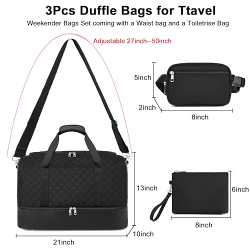 Travel Weekender Bag Duffle Carry On Bags Set 42L Duffel Overnight Tote with Shoe Compartment 3Pcs for Women Men Gym Airplane Trip with Fanny Pack & Makeup Bag(Black- Quilted)4