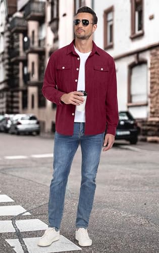 Image of Askdeer Men's Corduroy Button Down Shirts Long Sleeve Casual Shacket Jacket Western Corduroy Shirt Jacket with Flap Pockets