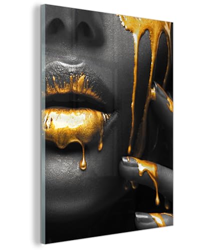 MuchoWow© Impression sur Verre 60x80 cm Déco Esthétique pour la Chambre et le Salon Peinture en Verre Photo Cadeau Décoration Intérieure Femme - Noir - Or - Visage - Lèvres