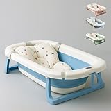 Bañera Bebé Plegable Portatil con Termómetro Integrado, Cojín Antideslizante y Tapa de Seguridad (Azul pastel)