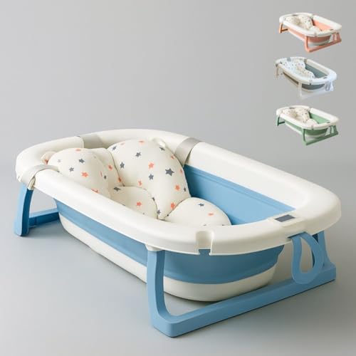 Bañera Bebé Plegable Portatil con Termómetro Integrado, Diseño Ergonómico, Cojín Antideslizante y Tapa de Seguridad (Azul pastel)
