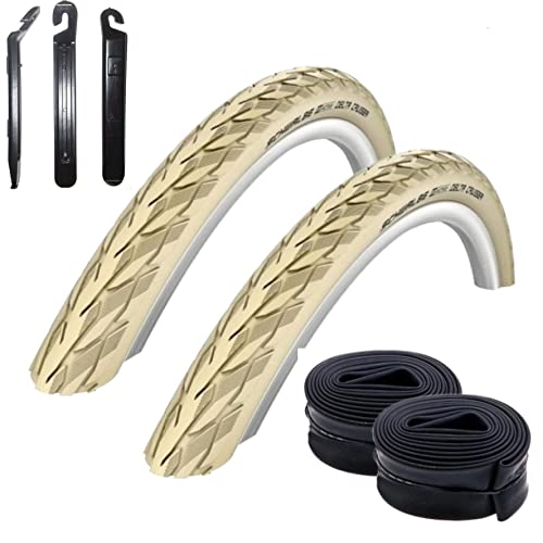2 x Schwalbe Delta Cruiser Plus Fahrradreifen Decke in Creme mit Reflex 37-590 (26 x 1 3/8) + 2 Schwalbe Schläuche DV12 inkl. Reifenheber
