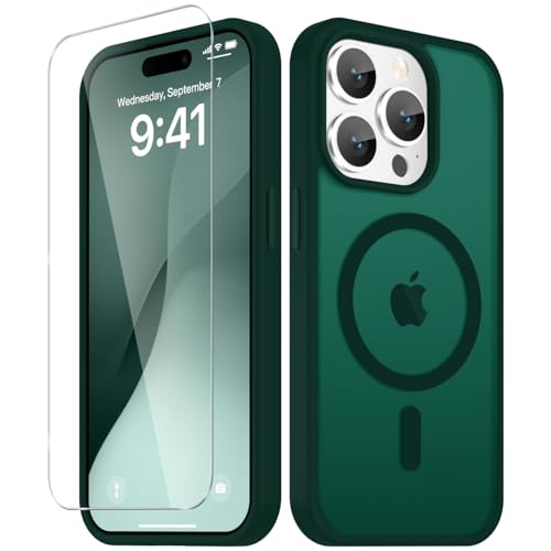Image of YENAPOON for iPhone 15 Pro Case, Matte Magnetic Phone Cover [with 1 Screen Protector] [Support for MagSafe] [Shockproof Military Grade Protection] Translucent Frosted Back, Dark Green