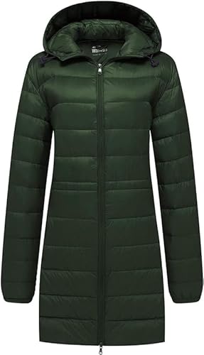 Wantdo Women's Hooded Jackets Packable Lightweight Down Jacket Windproof Long Warm Puffer Coats Winter Outdoor Insulated Travel Jackets Green L