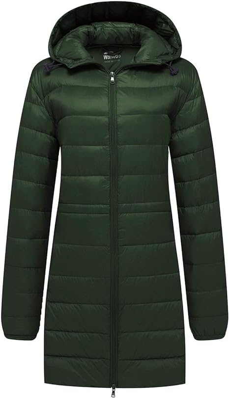 Wantdo Chaqueta de Pluma Larga Plumiferos Ajustados de Moda Chaqueta de Plumón para Viaje Empaquetable Abrigo Acolchado Largo Capucha Mujeres Verde Oscuro 2X-Large
