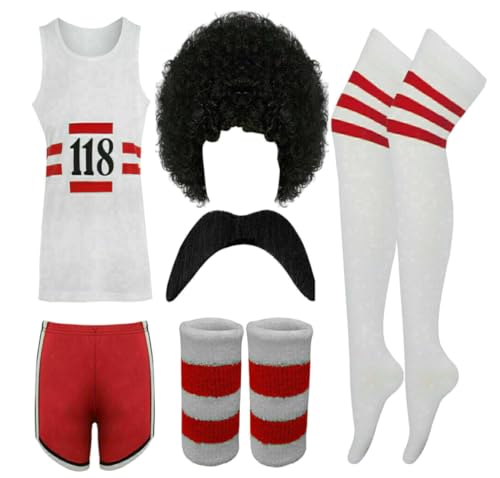 RIDDLED WITH STYLE Womens Unisex Mens 118 Set Fancy Dress Costume Marathon Retro Sleeveless Vest, Shorts, TASH, Socks and Wig Set For Unisex UK Small To X-Large