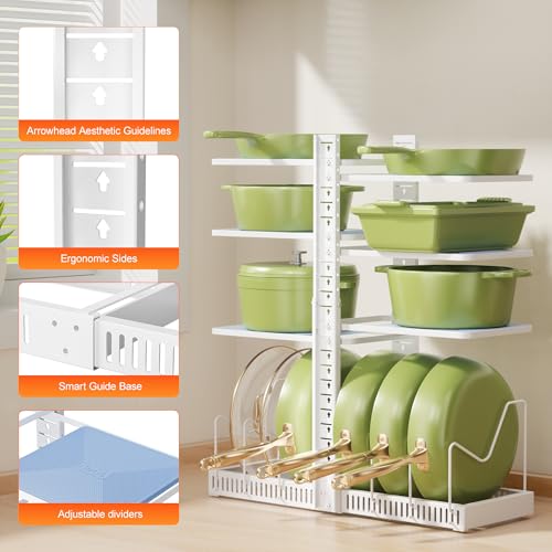 LAMU Pots and Pans Organizer under Cabinet, Pan Pot Organizers inside Cabinet with 6 Shelves and Pot Lid Organizer, Adjustable Height Up to 24", Holds up to 12 Pans, Lightweight Pots, White by LAMU - Image 6