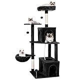 TSCOMON Cat Tree, 54-Inch Cat Tower for Indoor Cats,Plush Multi-Level Cat Condo with Scratching Posts, Basket, Perches,2 Caves,2 Pompoms(Black)