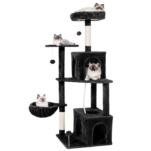 TSCOMON Cat Tree, 54-Inch Cat Tower for Indoor Cats,Plush Multi-Level Cat Condo with Scratching Posts, Basket, Perches,2 Caves,2 Pompoms(Black)