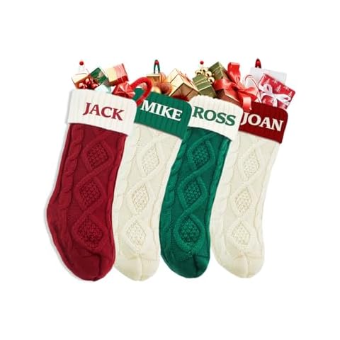 houscly Embroidered Personalized Christmas Stockings with Names,Mixing Color 18 Inch Large Custom Knitted Santa Stockings for 2024 Xmas Kids Gift, Family Fireplace Holiday Party Decoration(4pc) Cover
